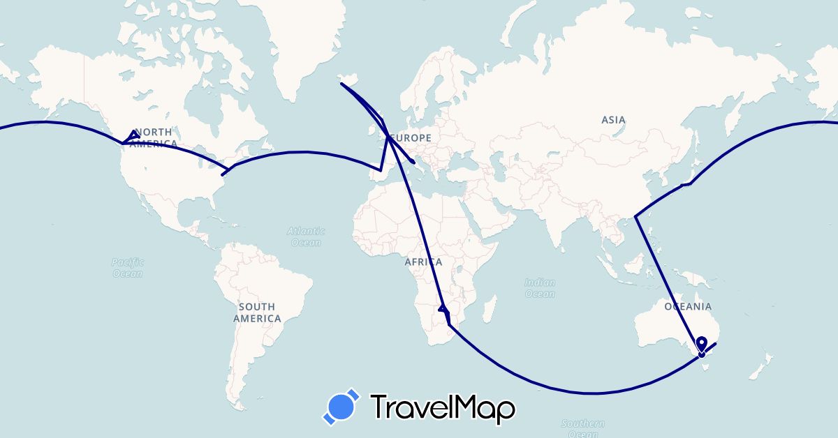 TravelMap itinerary: driving in Australia, Botswana, Canada, China, Spain, United Kingdom, Iceland, Italy, Japan, United States, South Africa (Africa, Asia, Europe, North America, Oceania)